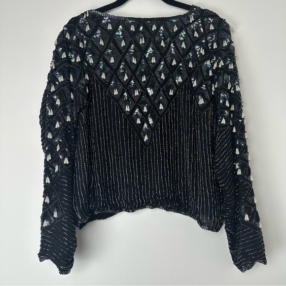 Sparkle Toronto Vintage Top Size Medium Black Beaded Silk Retro Party Night Out - Picture 2 of 8